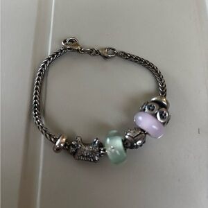 Trollbeads Silver Bracelet with 2 colored beads and 3 charms like new